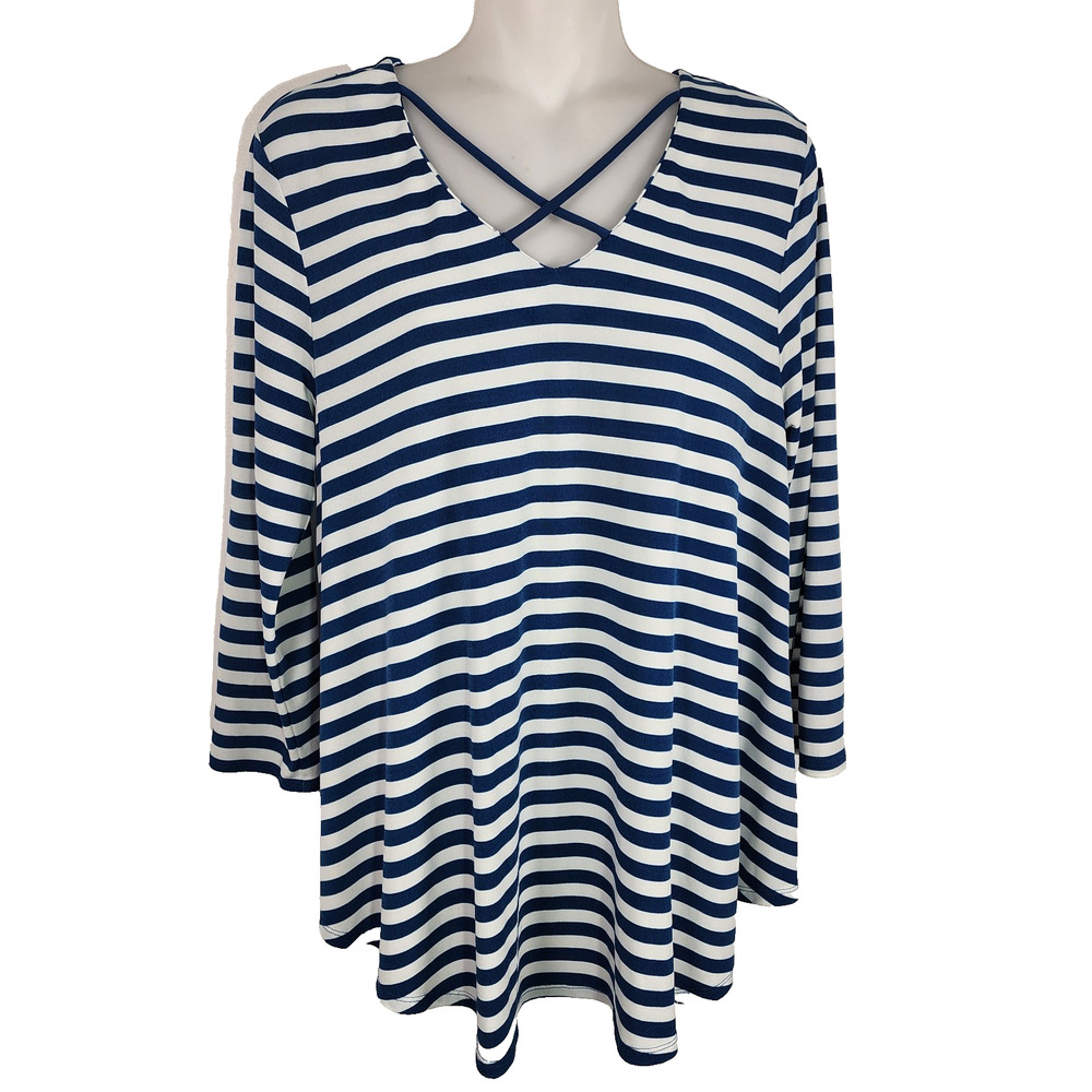 Chico's Women's Striped Caged Knit Top Size 0 Small Blue 3/4 Sleeves Crisscross